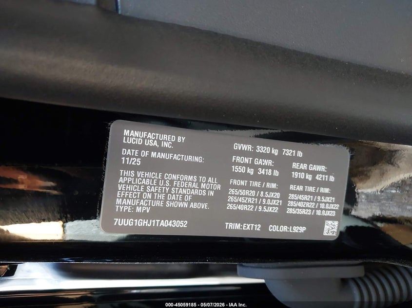 2026 Lucid Gravity Grand Touring VIN: 7UUG1GHJ1TA043052 Lot: 45059185