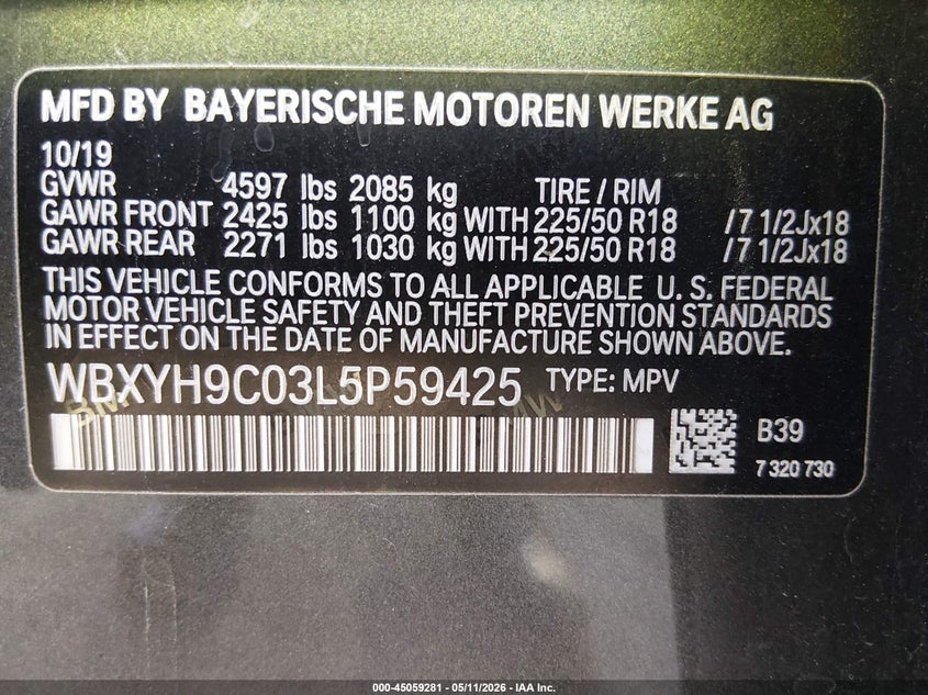 2020 BMW X2 Sdrive28I VIN: WBXYH9C03L5P59425 Lot: 45059281