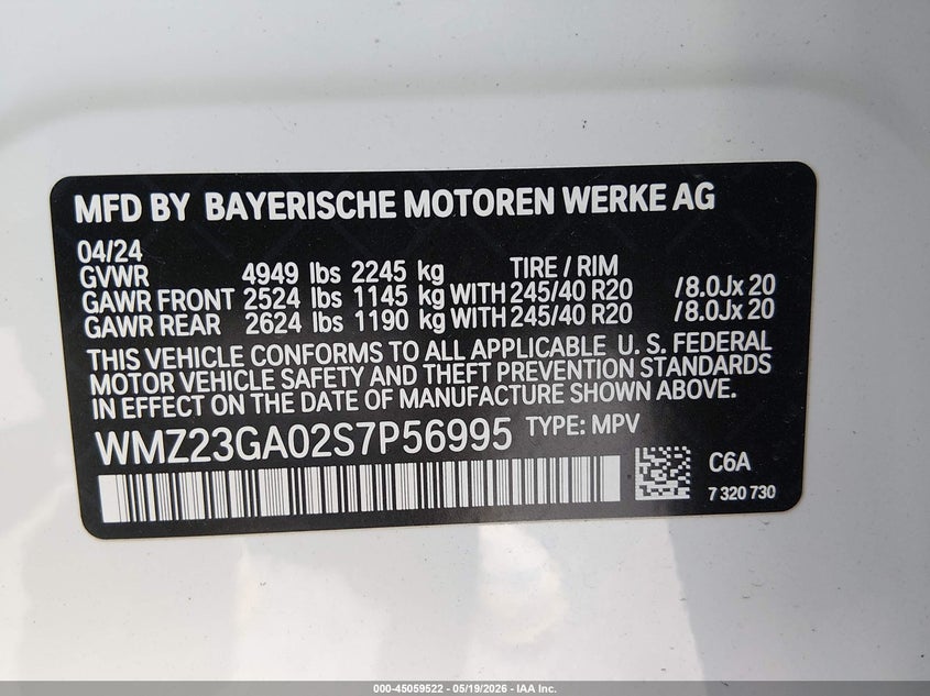 2025 Mini Countryman Cooper S VIN: WMZ23GA02S7P56995 Lot: 45059522