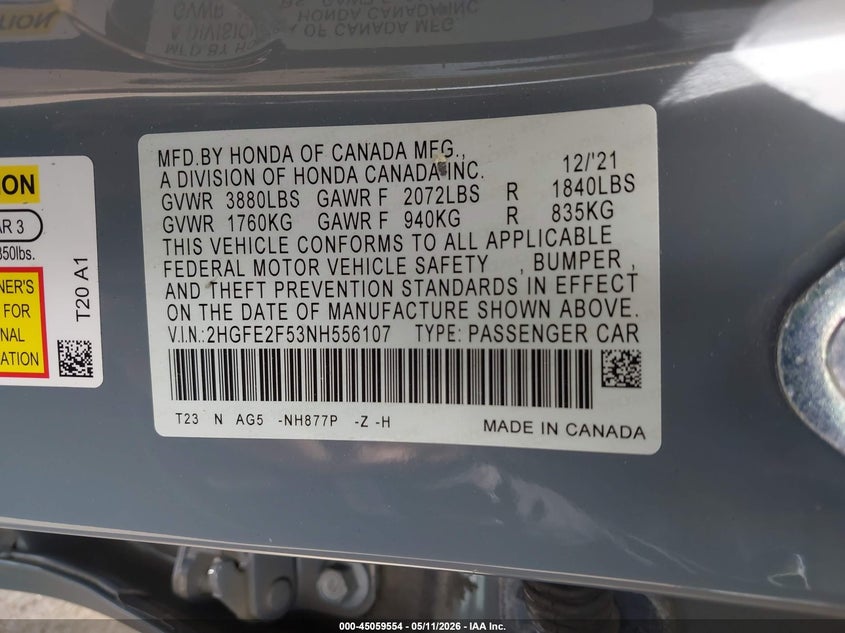 VIN 2HGFE2F53NH556107 2022 HONDA CIVIC SPORT
