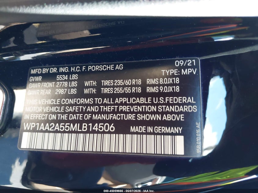 2021 Porsche Macan 2.0 Black Lot 111045059666 Vin WP1AA2A55MLB14506