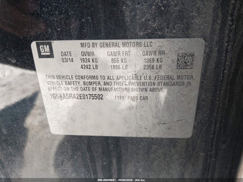 2014 Cadillac Ats Standard VIN: 1G6AA5RA2E0175502 Lot: 45059681