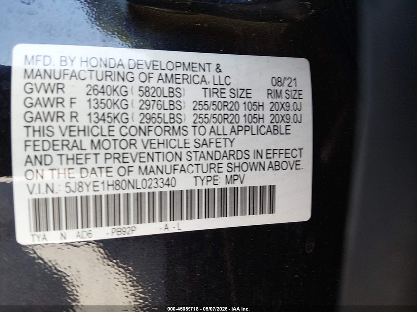 2022 Acura Mdx Advance Package VIN: 5J8YE1H80NL023340 Lot: 45059718