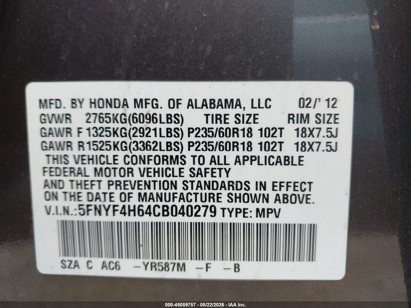 2012 Honda Pilot 3.5 Ex-L grey Lot 111045059757 Vin 5FNYF4H64CB040279