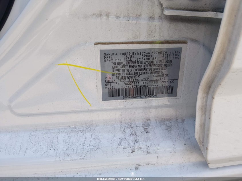 VIN 3N1AB8BV9SY218729 2025 NISSAN SENTRA S