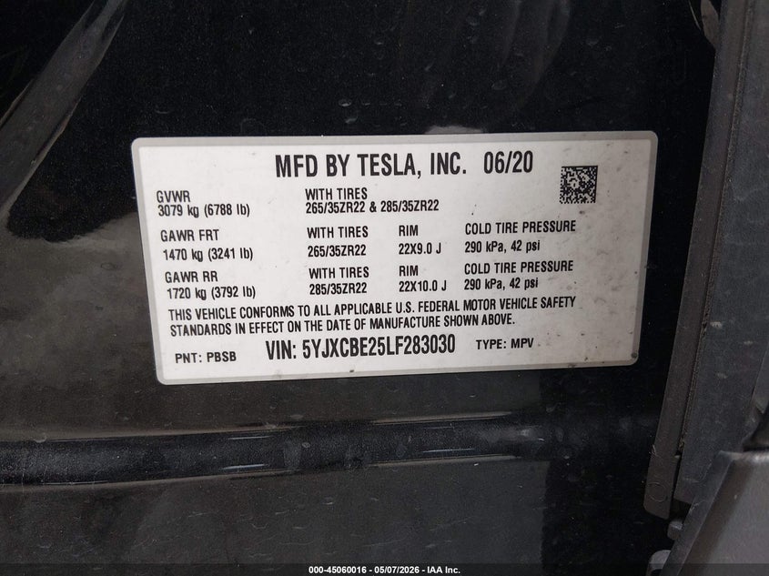 2020 Tesla Model X Long Range Dual Motor All-Wheel Drive/Long Range Plus Dual Motor All-Wheel Drive VIN: 5YJXCBE25LF283030 Lot: 45060016