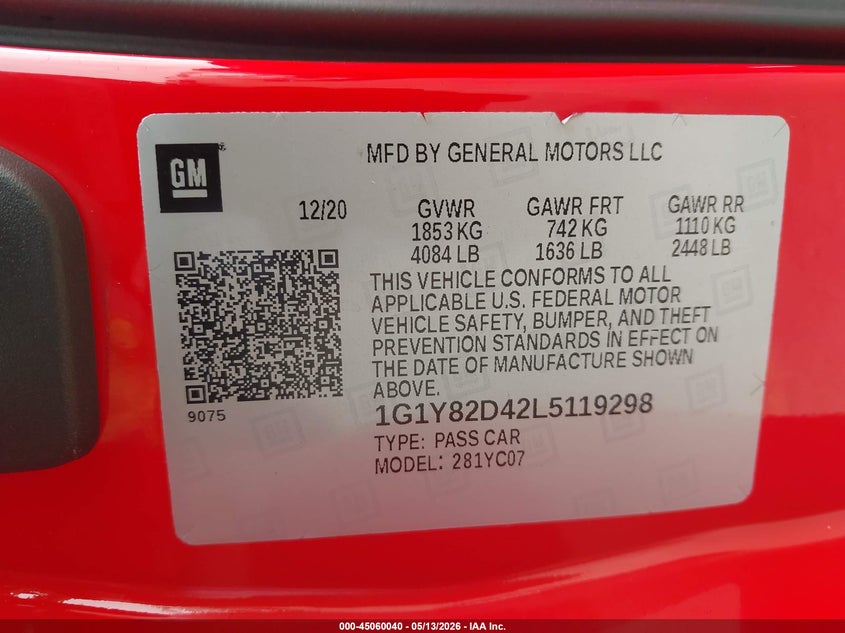 2020 Chevrolet Corvette Stingray Rwd 3Lt VIN: 1G1Y82D42L5119298 Lot: 45060040