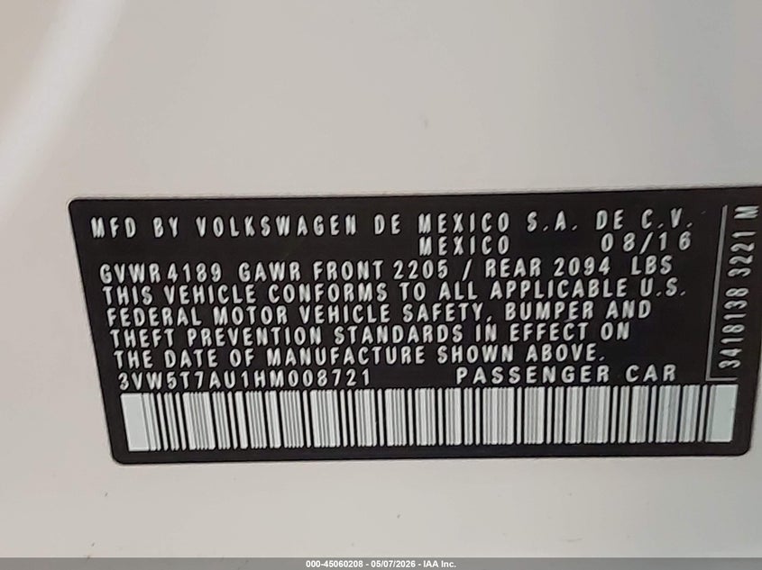 2017 Volkswagen Golf Gti S 4-Door VIN: 3VW5T7AU1HM008721 Lot: 45060208