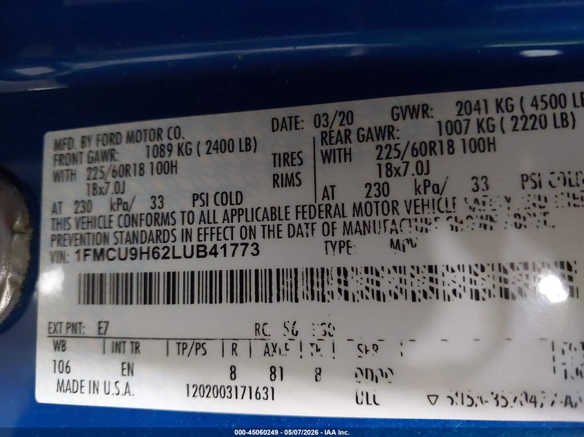 2020 FORD ESCAPE SPORT UTILITY VEHICLE 1.5L I-3 DI, DOHC, VVT, TURBO, 181HP