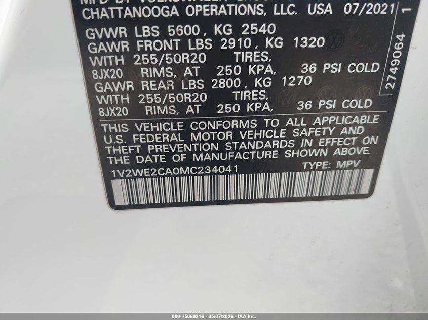 2021 Volkswagen Atlas Cross Sport 3.6L V6 Se W/Technology VIN: 1V2WE2CA0MC234041 Lot: 45060316