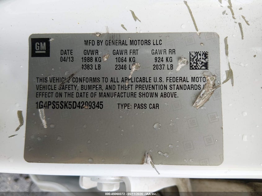 2013 Buick Verano Leather Group VIN: 1G4PS5SK5D4209345 Lot: 45060372