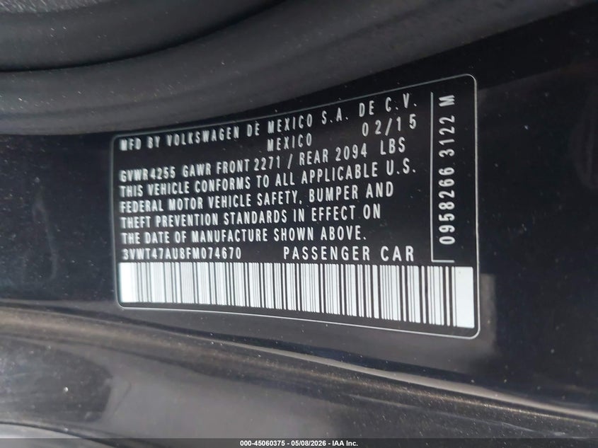 2015 Volkswagen Golf Gti 2.0T S W/Performance Package 2-Door VIN: 3VWT47AU8FM074670 Lot: 45060375