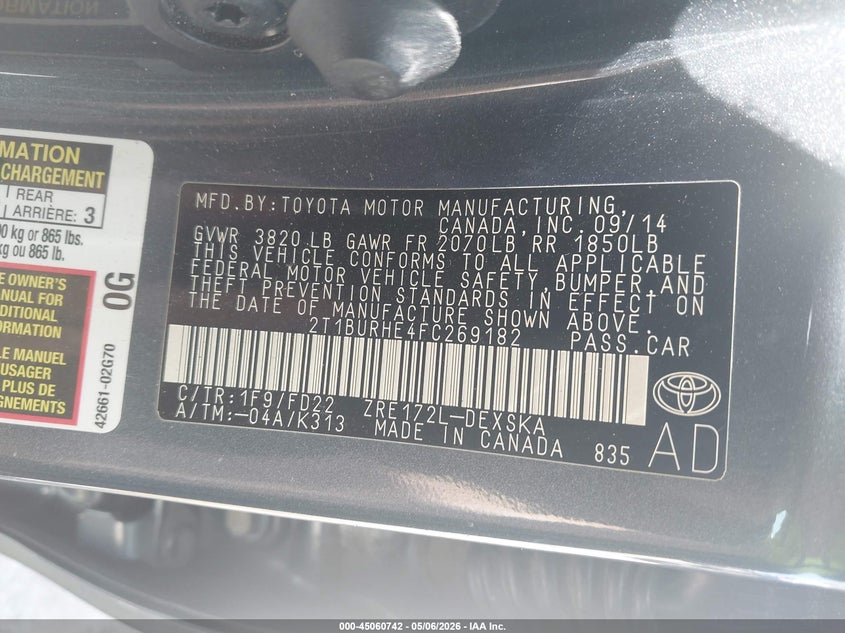2015 TOYOTA COROLLA SEDAN 1.8L I-4 DOHC, VVT, 132HP