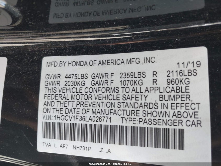 VIN 1HGCV1F36LA026771 2020 HONDA ACCORD SPORT