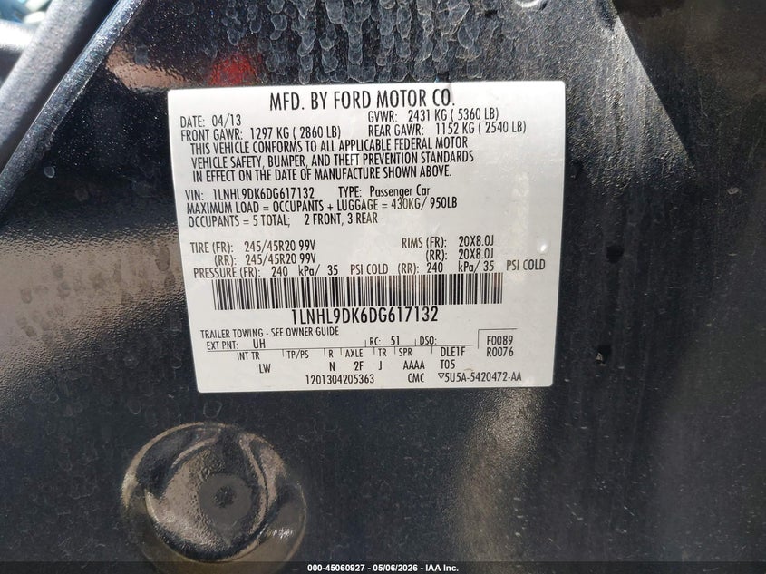 2013 Lincoln Mks VIN: 1LNHL9DK6DG617132 Lot: 45060927