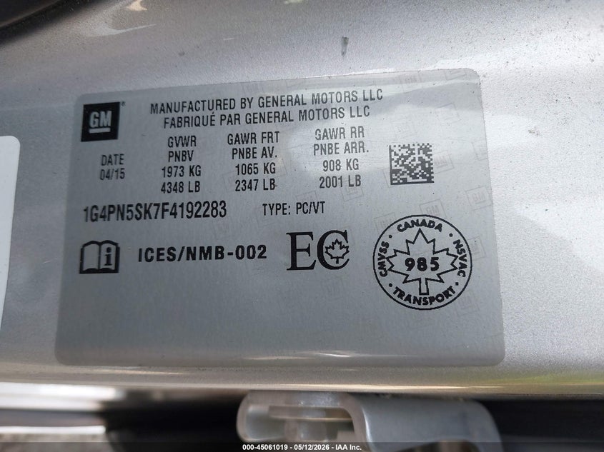 2015 Buick Verano 1Sv VIN: 1G4PV5SK7F4192283 Lot: 45061019