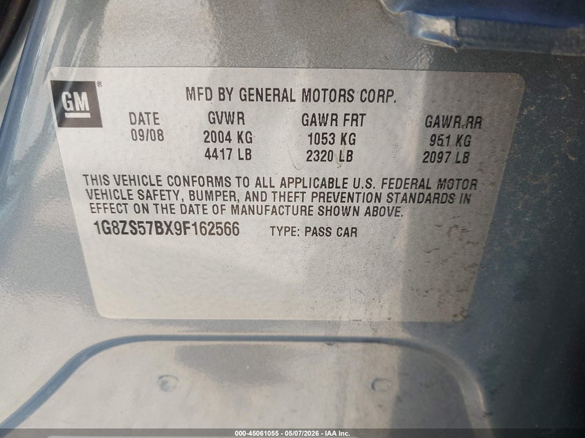 2009 Saturn Aura Xe VIN: 1G8ZS57BX9F162566 Lot: 45061055