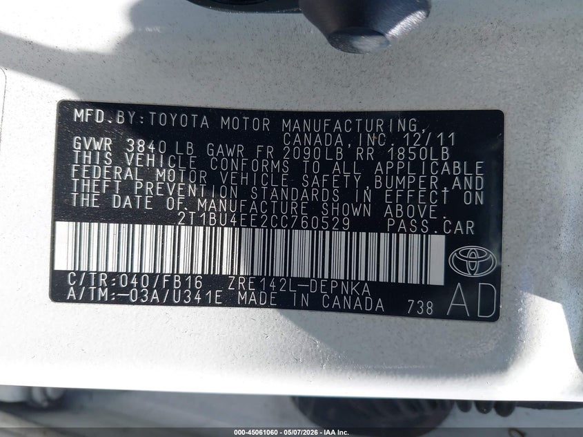 2012 Toyota Corolla 1.8 Le White Lot 111045061060 Vin 2T1BU4EE2CC760529