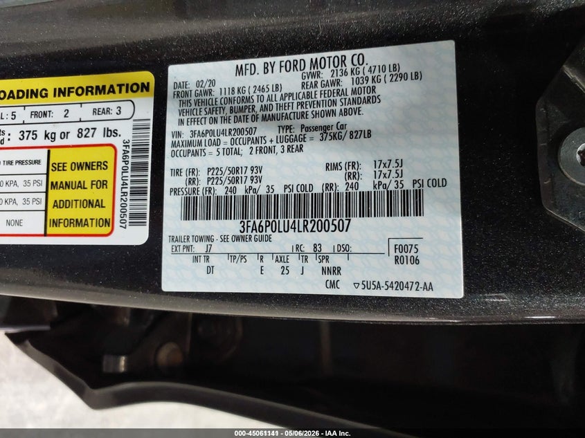 2020 FORD FUSION SEDAN 2.0L I-4 DOHC, VVT, 141HP