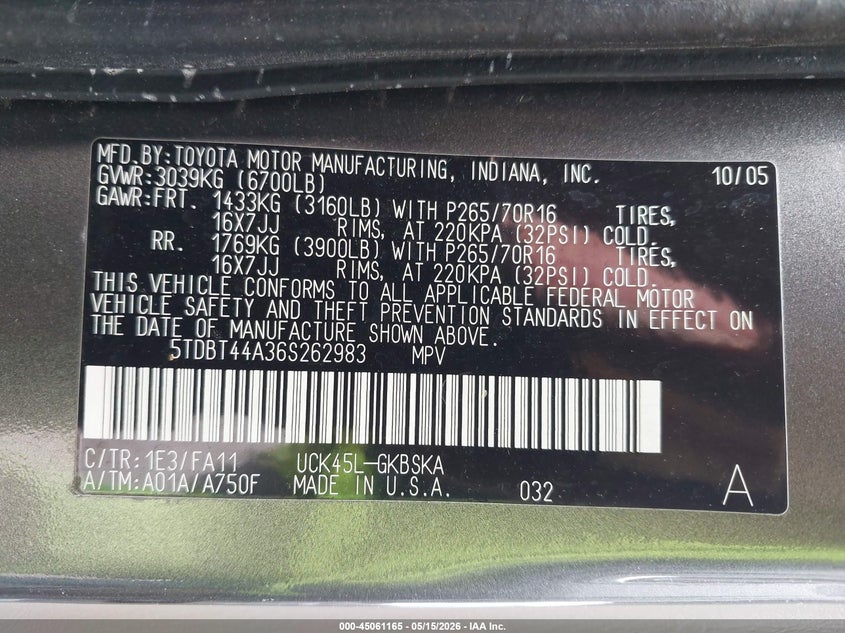 2006 Toyota Sequoia Sr5 V8 VIN: 5TDBT44A36S262983 Lot: 45061165