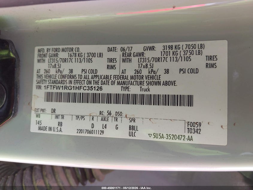 VIN 1FTFW1RG1HFC35126 2017 FORD F-150 RAPTOR