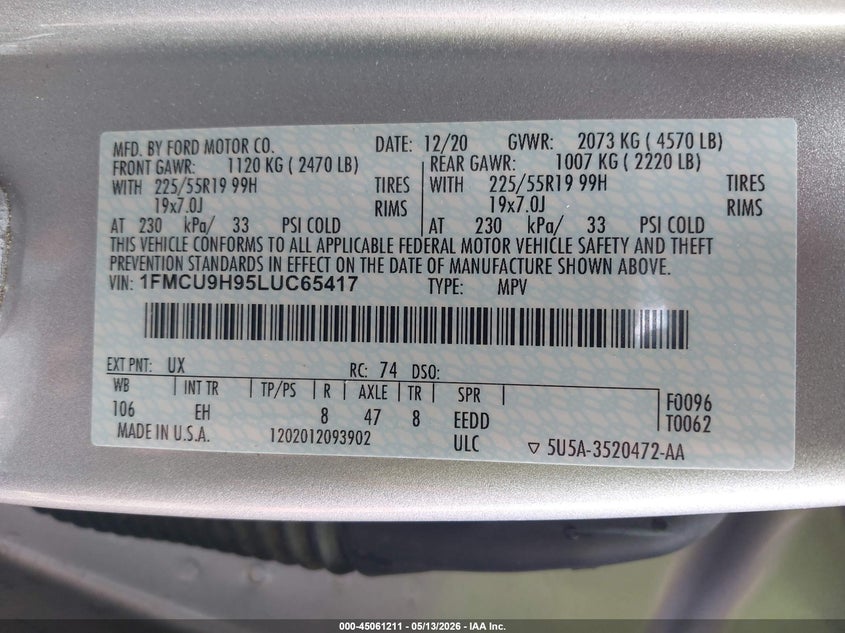 2020 FORD ESCAPE SPORT UTILITY VEHICLE 2.0L I-4 DI, DOHC, VVT, TURBO, 250HP