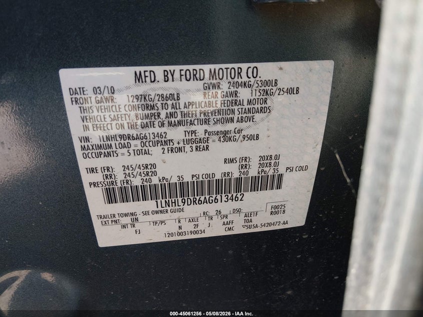 2010 Lincoln Mks VIN: 1LNHL9DR6AG613462 Lot: 45061256