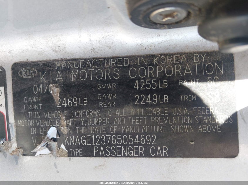 2006 Kia Optima Ex (New)/Lx (New) VIN: KNAGE123765054692 Lot: 45061337