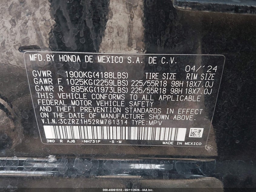 VIN 3CZRZ1H52RM761314 2024 HONDA HR-V 2WD SPORT/2WD SPORT W/O BSI