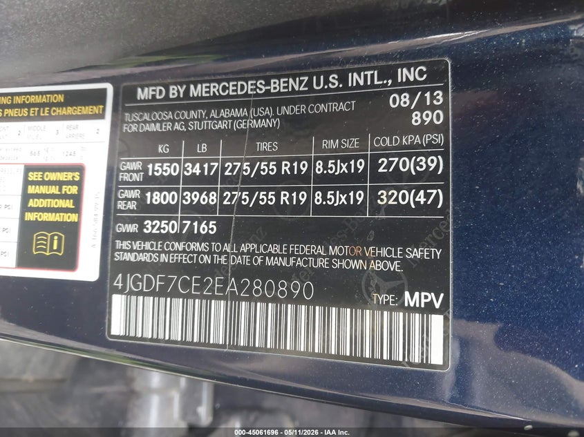 2014 Mercedes-Benz Gl 450 4Matic VIN: 4JGDF7CE2EA280890 Lot: 45061696