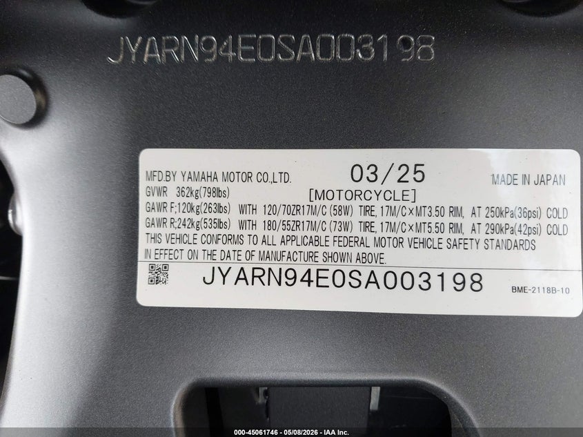 2025 Yamaha Mt09 VIN: JYARN94E0SA003198 Lot: 45061746