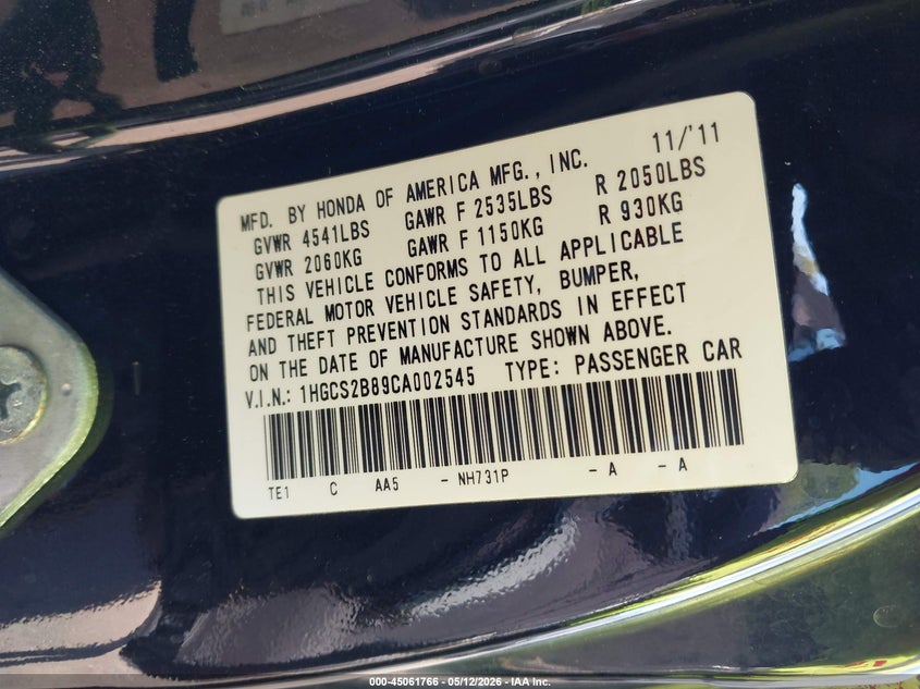 2012 Honda Accord 3.5 3.5 Ex-L black Lot 111045061766 Vin 1HGCS2B89CA002545
