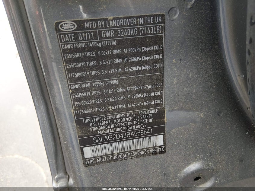 2011 Land Rover Lr4 VIN: SALAG2D43BA568841 Lot: 45061825