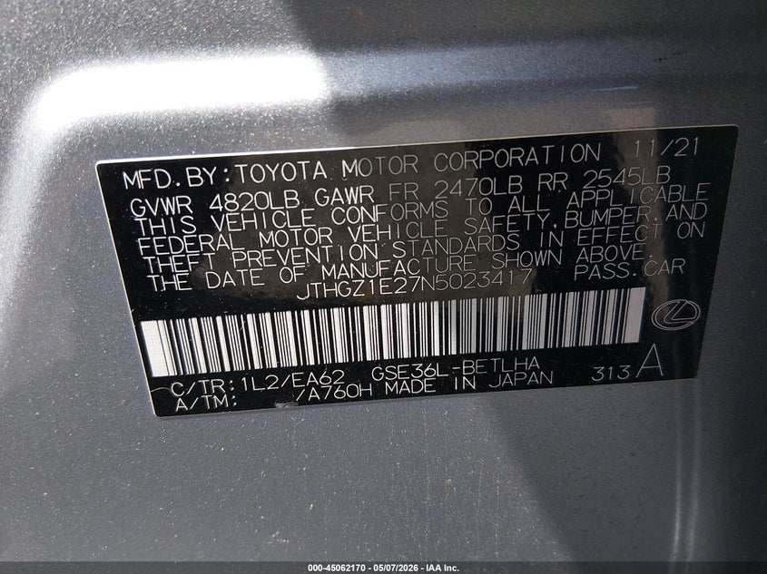 2022 Lexus Is 350 F Sport VIN: JTHGZ1E27N5023417 Lot: 45062170