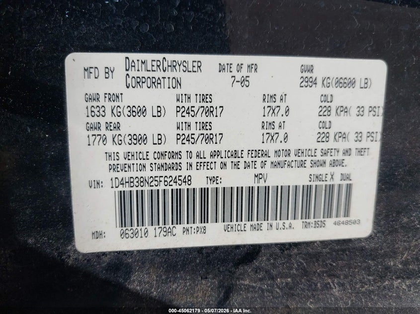 2005 Dodge Durango St VIN: 1D4HB38N25F624548 Lot: 45062179
