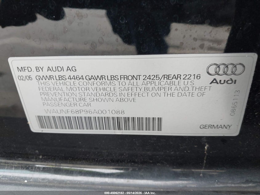 2006 Audi A3 2.0T VIN: WAUNF68P96A001088 Lot: 45062182