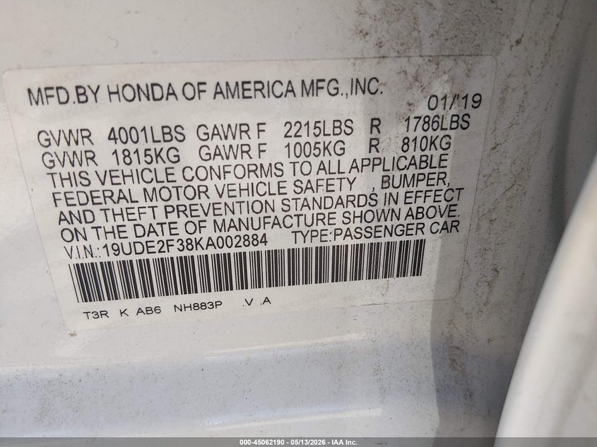 2019 Acura Ilx Standard VIN: 19UDE2F38KA002884 Lot: 45062190
