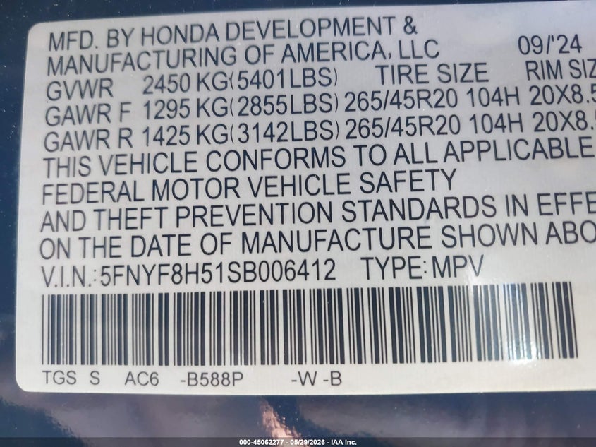 2025 Honda Passport Awd Ex-L VIN: 5FNYF8H51SB006412 Lot: 45062277