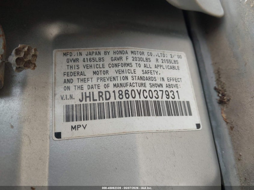 2000 Honda Cr-V Ex VIN: JHLRD1860YC037931 Lot: 45062339