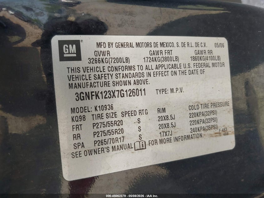 2007 Chevrolet Avalanche 1500 Ltz VIN: 3GNFK123X7G126011 Lot: 45062379