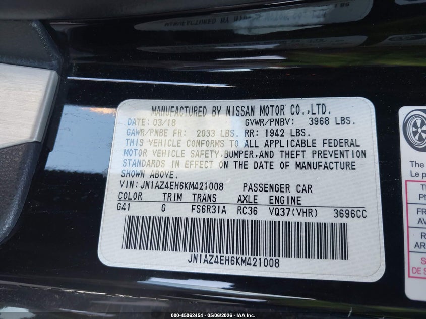 2019 Nissan 370Z VIN: JN1AZ4EH6KM421008 Lot: 45062454