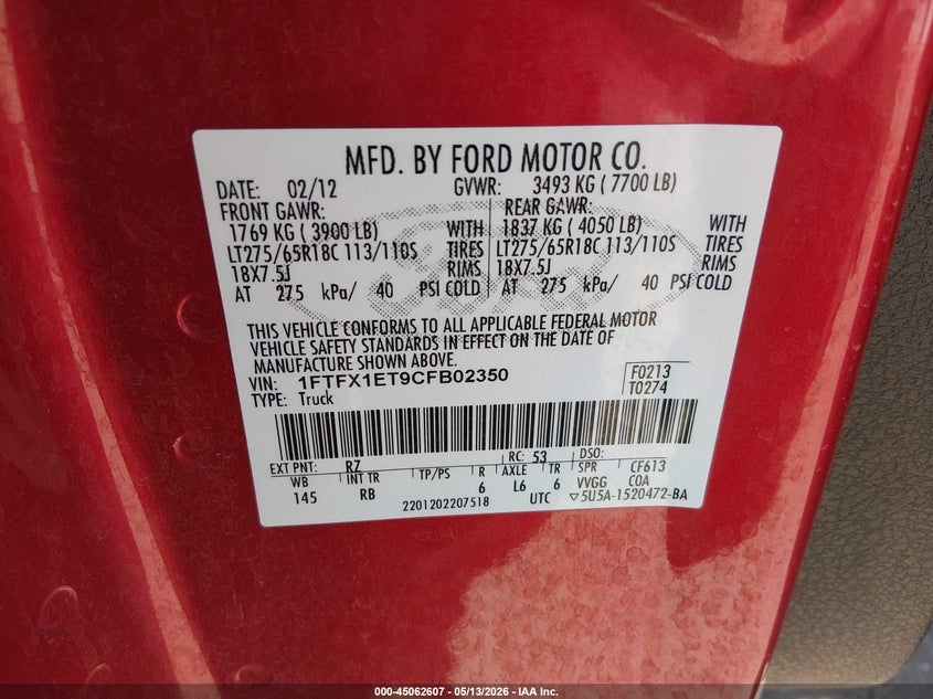 2012 Ford F-150 3.5 Fx4 Red Lot 111045062607 Vin 1FTFX1ET9CFB02350