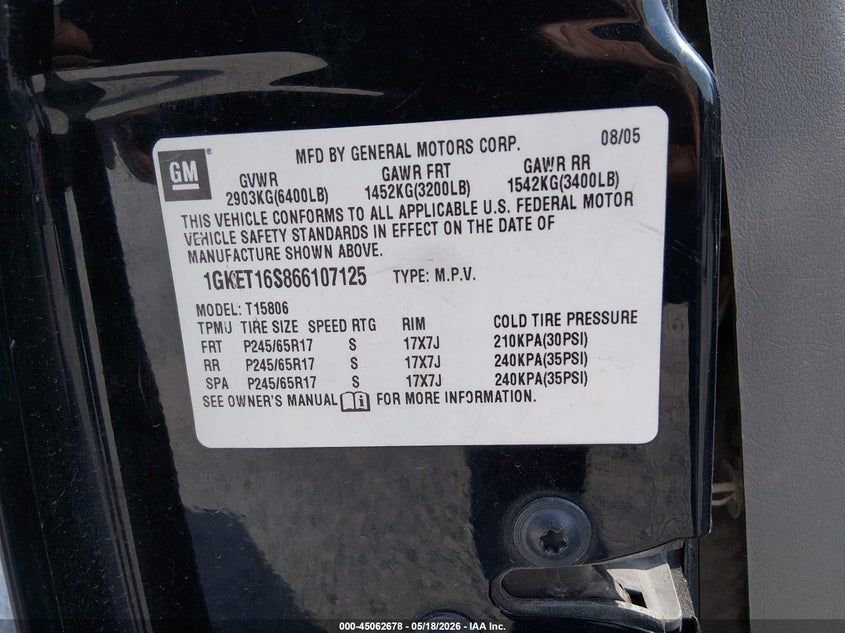 2006 GMC Envoy Xl Sle VIN: 1GKET16S866107125 Lot: 45062678