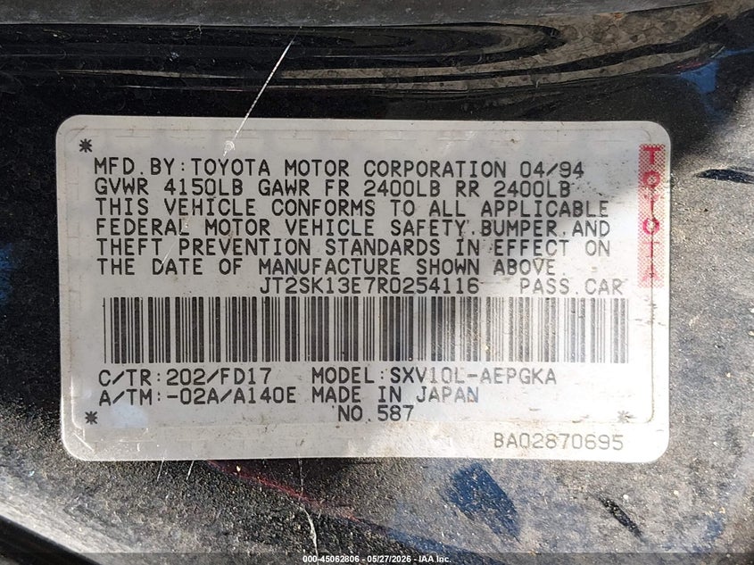 1994 Toyota Camry Xle VIN: JT2SK13E7R0254116 Lot: 45062806