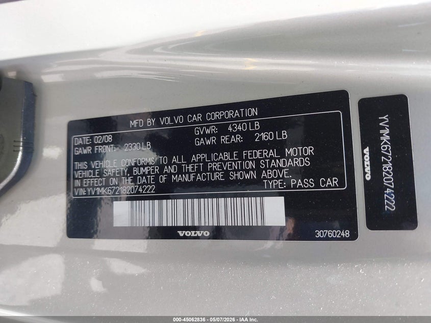 2008 Volvo C30 T5 R-Design/T5 Version 1.0/T5 Version 2.0 VIN: YV1MK672182074222 Lot: 45062836