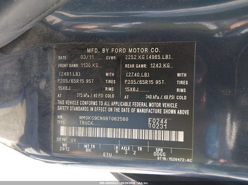 2011 Ford Transit Connect Xlt Premium VIN: NM0KS9CN9BT062560 Lot: 45063023