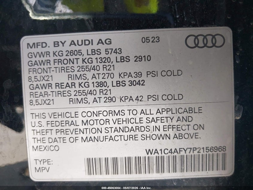 2023 Audi Sq5 Prestige Tfsi Quattro Tiptronic VIN: WA1C4AFY7P2156968 Lot: 45063084