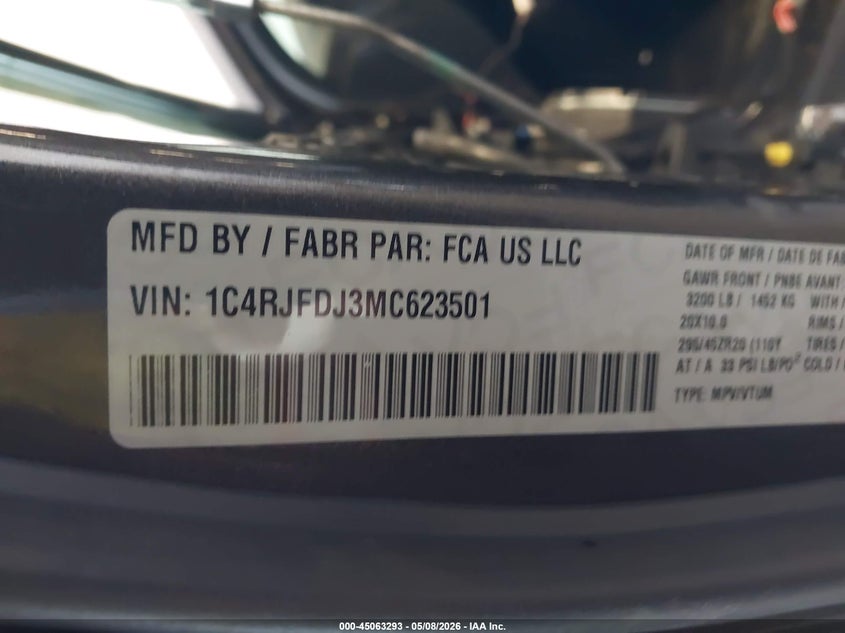 2021 JEEP GRAND CHEROKEE 6.4L V-8 , 475HP(VIN: 1C4RJFDJ3MC623501