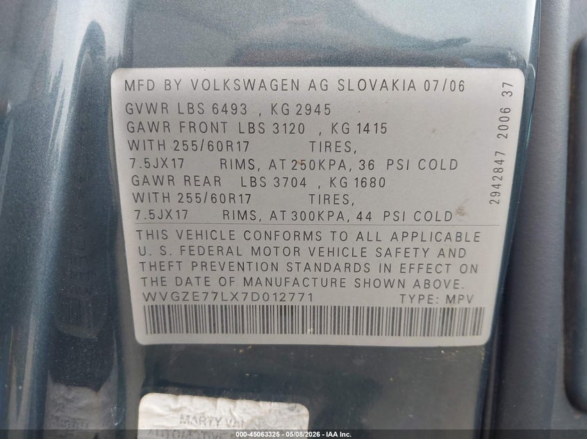 2007 Volkswagen Touareg V6 VIN: WVGZE77LX7D012771 Lot: 45063325