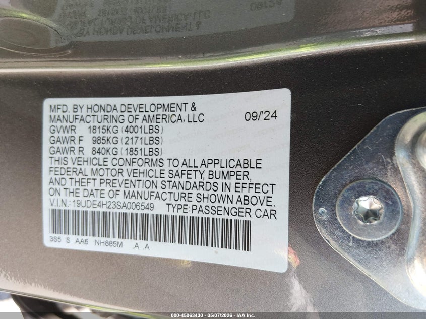 2025 Acura Integra VIN: 19UDE4H23SA006549 Lot: 45063430